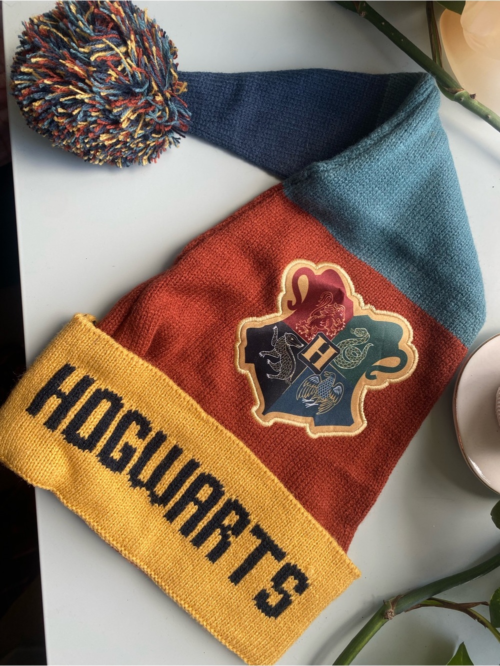 Kids Colorblock Pom Beanie Hat with Hogwarts Crest - Multicolor
